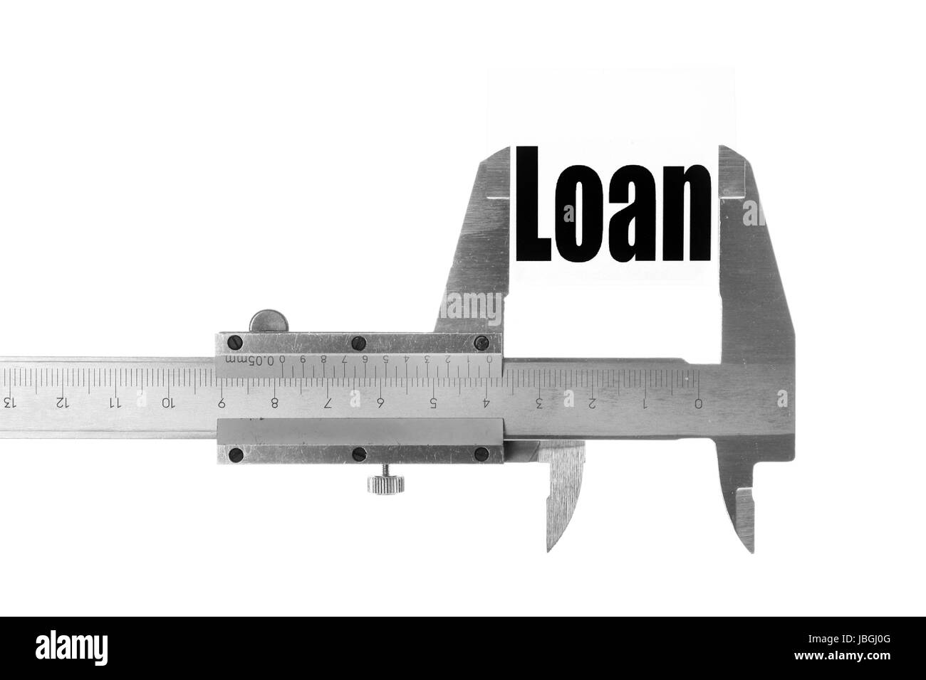Immagine ravvicinata di un calibro, misurare la parola "prestito". Foto Stock