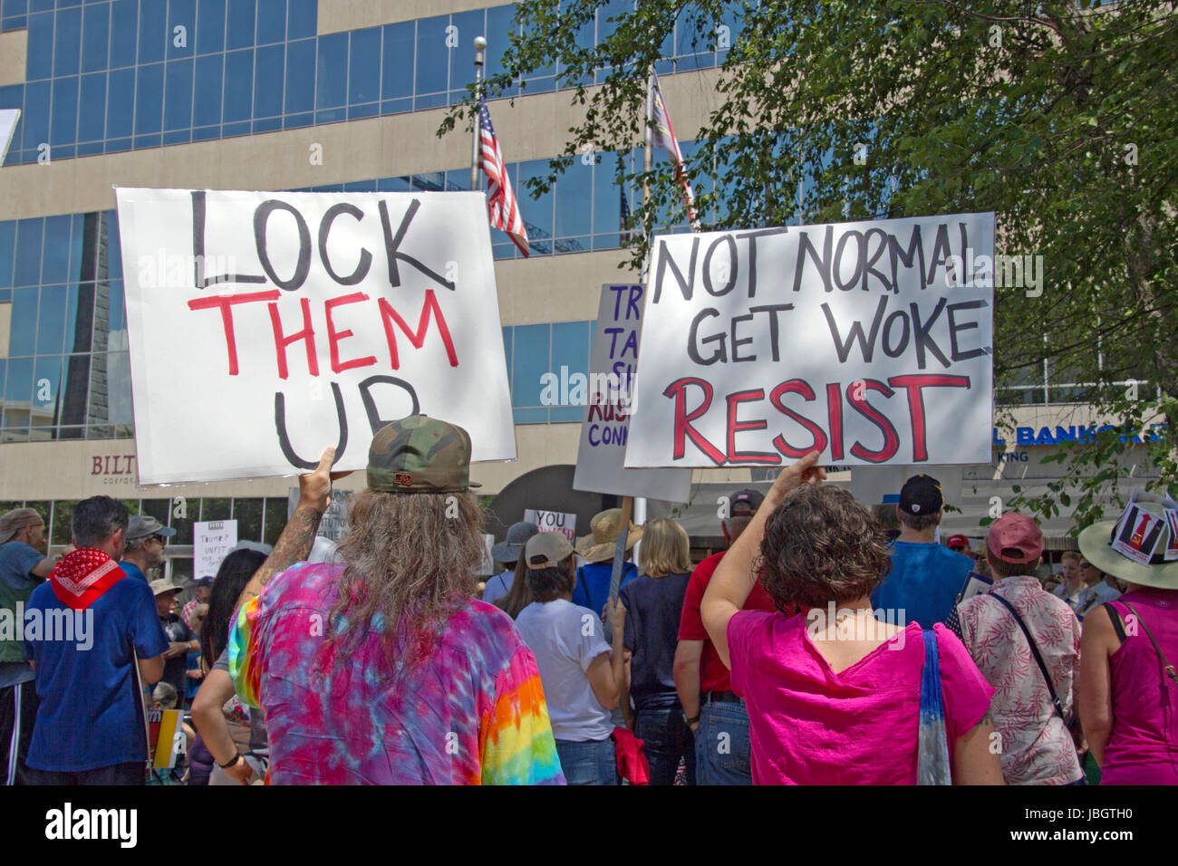 Asheville, North Carolina, Stati Uniti d'America - 3 Giugno 2017: 'Marco per la verità' dimostranti tenere segni politici chiedono la verità, la trasparenza e la giustizia e la chiamata Foto Stock