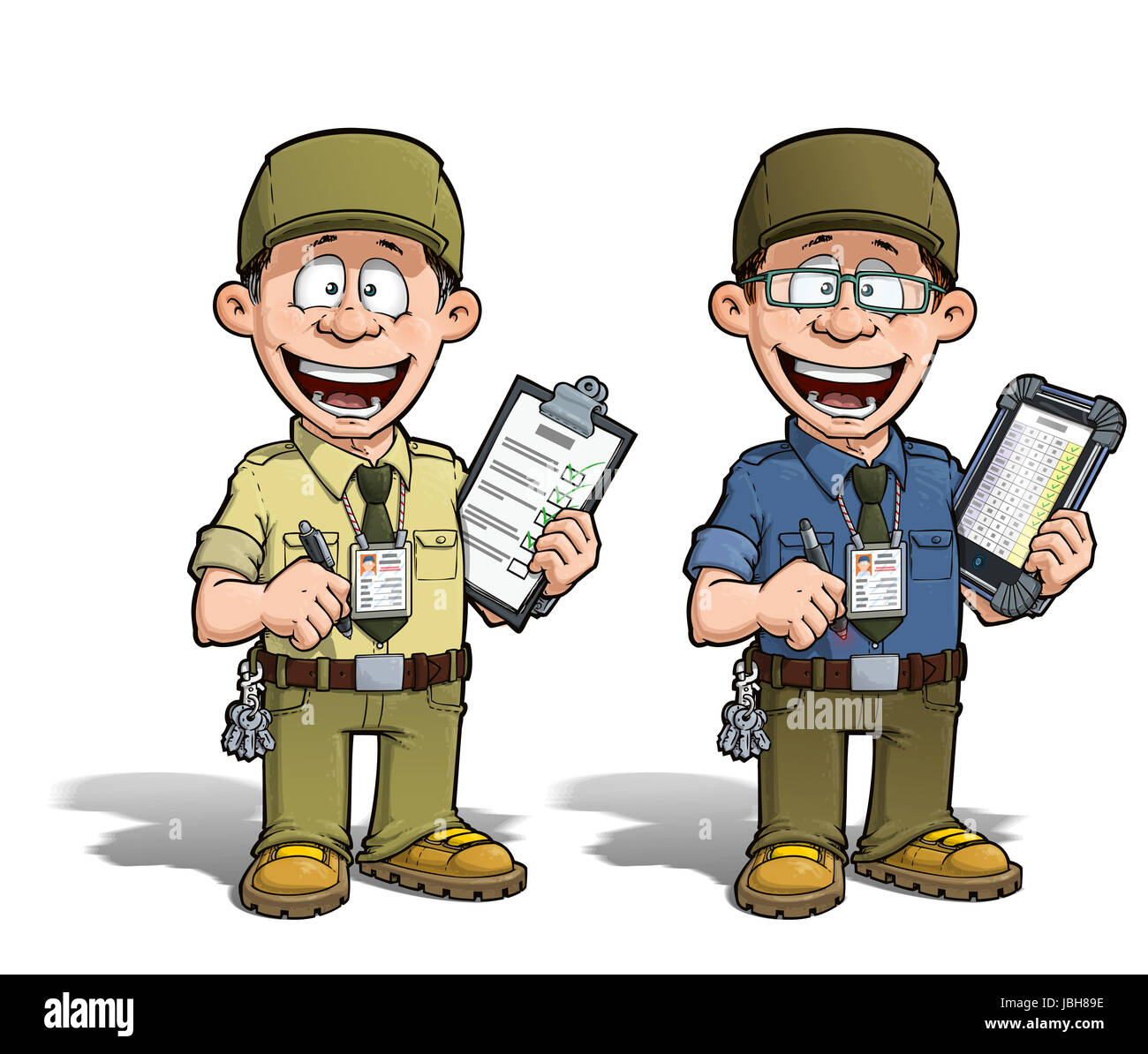 Cartoon illustrazione di un felice supervisore il riempimento di una lista di controllo. Due versioni: 1) con una penna su un tradizionale pad e 2) su un tablet più hip con gli occhiali. Foto Stock