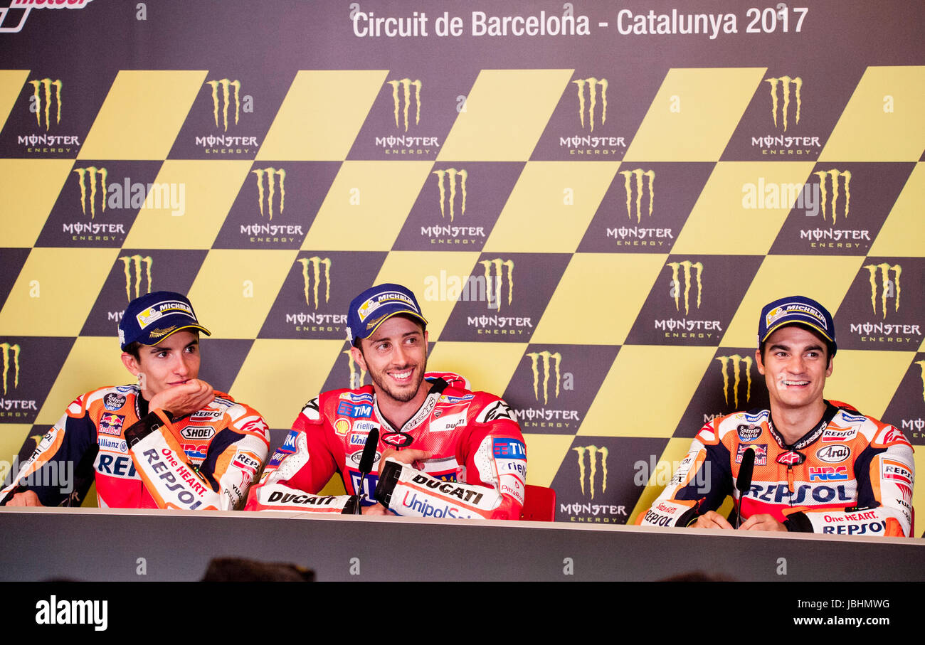 Barcellona, Spagna. 11 Giugno, 2017. (L-R) Marc Marquez; del Repsol Honda Team Motogp Andrea Dovizioso; DEL DUCATI MOTOGP TEAM e Dani Pedrosa; del Repsol Honda Team Motogp durante la Motogp, Gran Premi Monster Energy de Catalunya al Montmelò, Spagna. Credito: Pablo Guillen/Alamy Live News Foto Stock