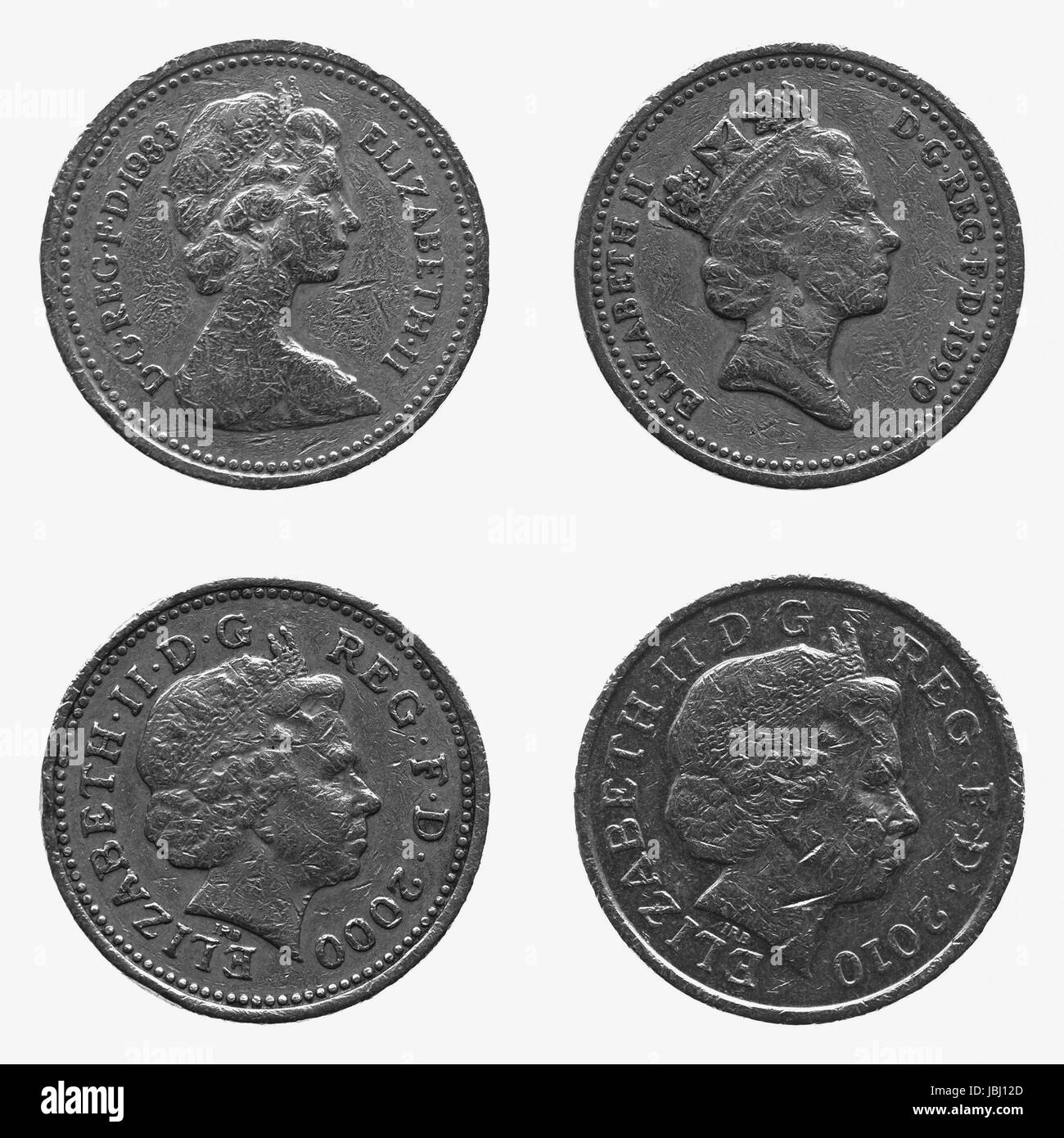 LONDON, England, Regno Unito - 23 novembre 2013: diversi ritratti di HM Queen Elizabeth II su una libbra di moneta negli anni 1983 1990 2000 e 2010 isolato su bianco Foto Stock