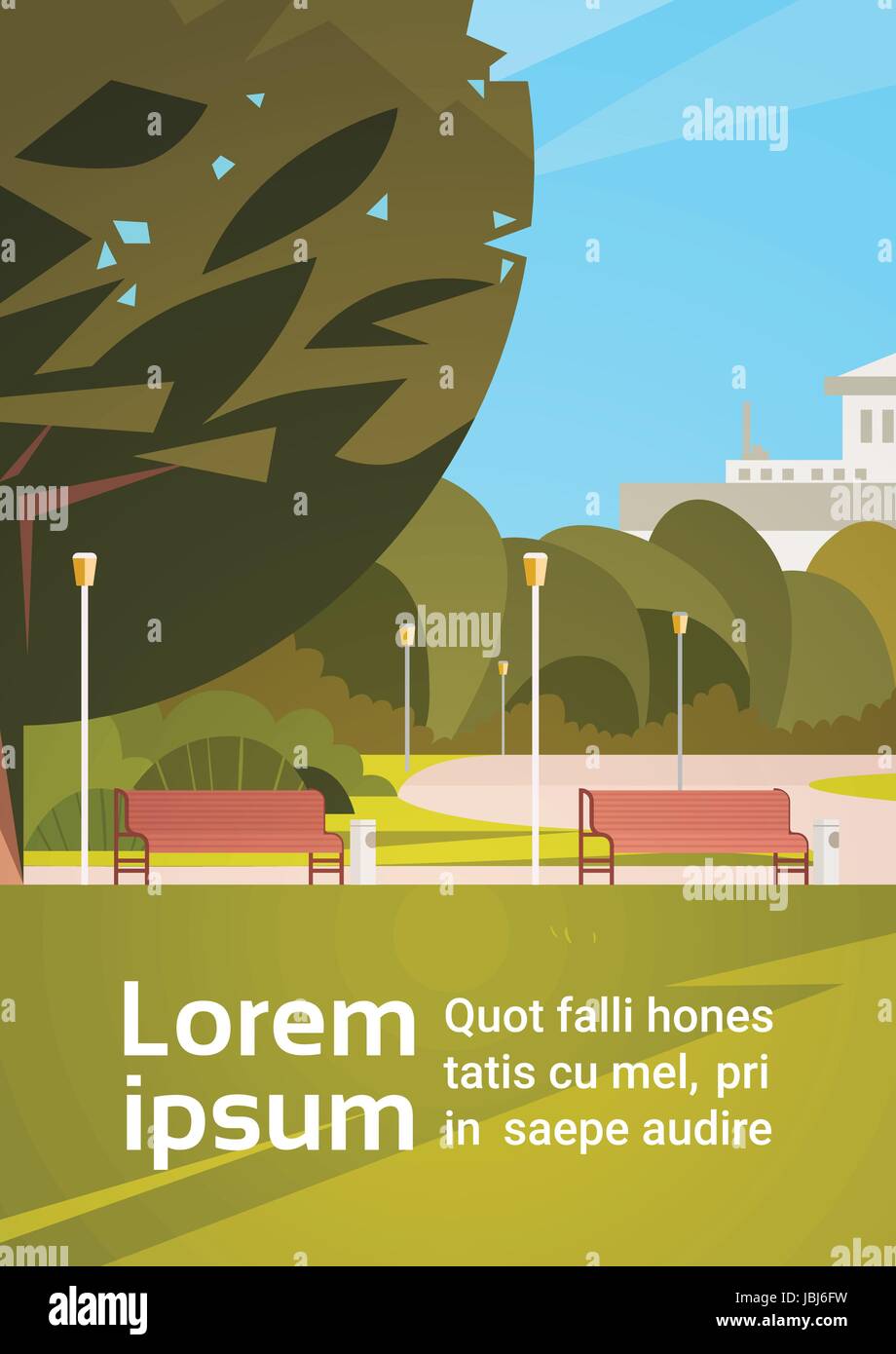 In estate il parco della città con la costruzione di città sfondo verde di alberi e panca in legno Illustrazione Vettoriale