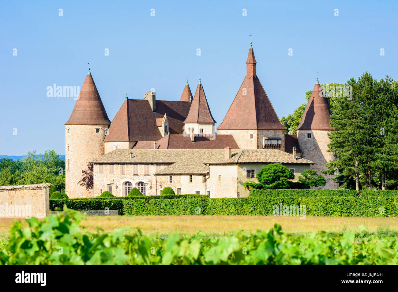 Il castello medievale de Corcelles-en-Beaujolais, Corcelles-en-Beaujolais, Rhône, Francia Foto Stock