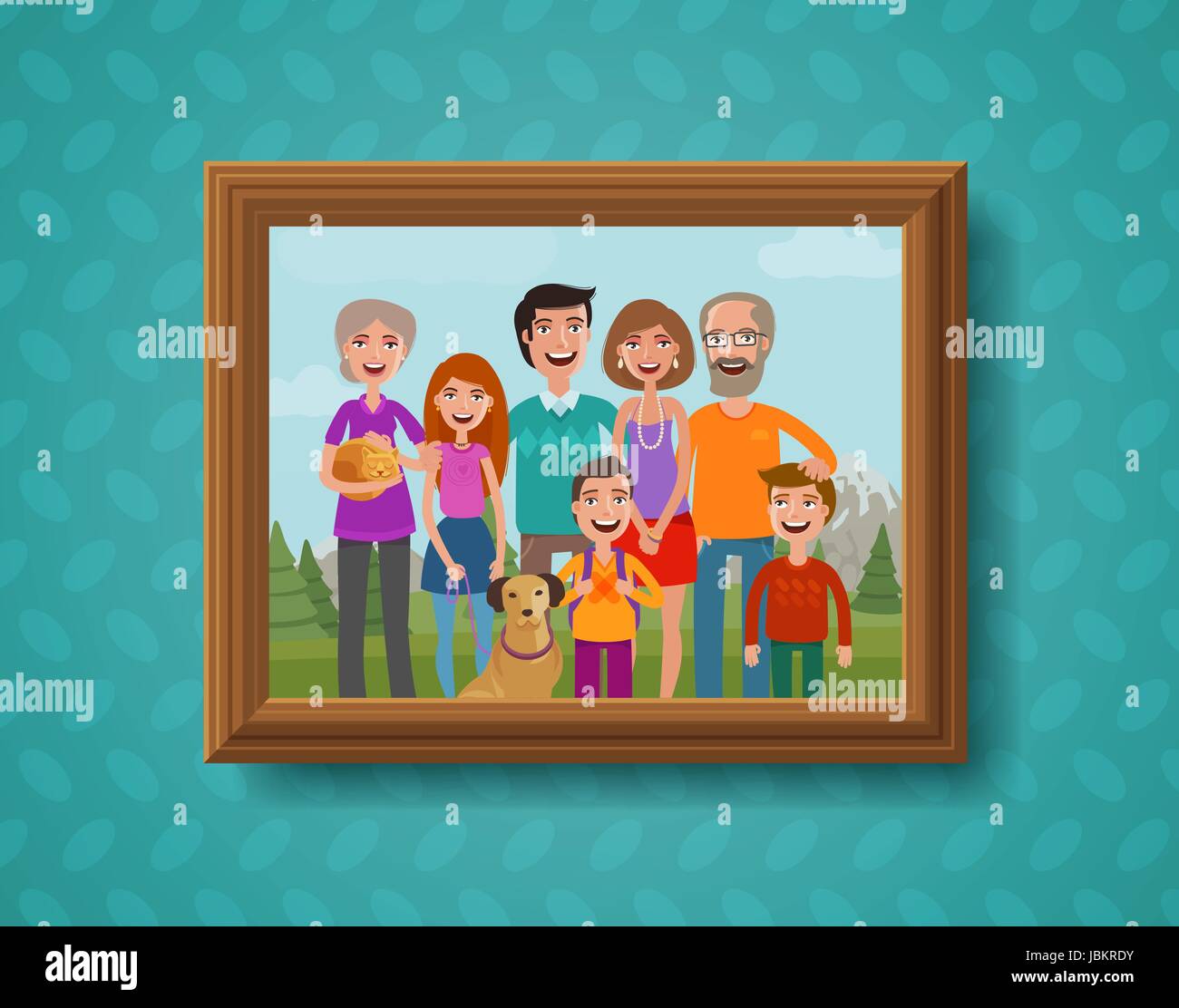 Foto di famiglia sulla parete in cornice di legno. Fumetto illustrazione vettoriale Illustrazione Vettoriale