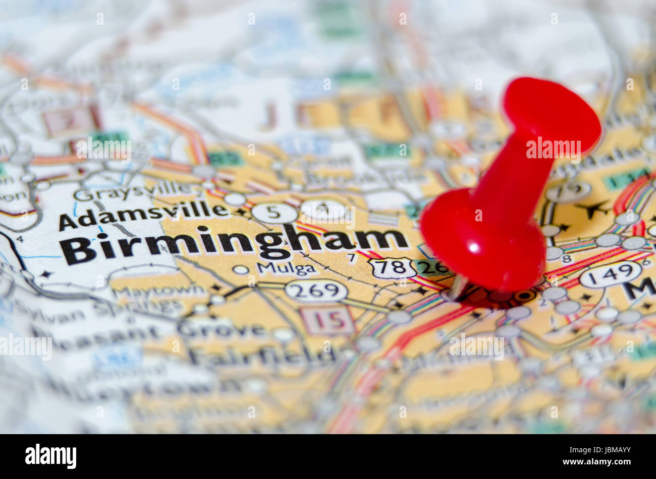 Birmingham Alabama città pin sulla mappa Foto Stock