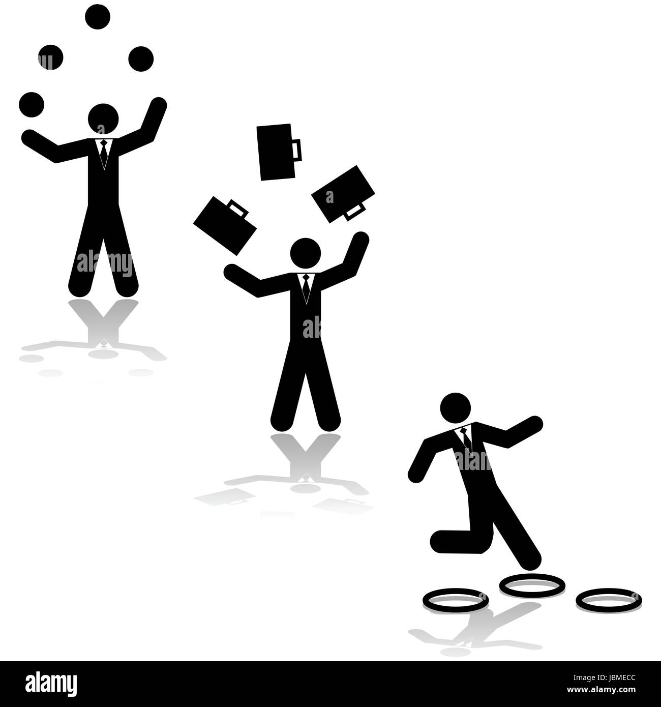 Concetto illustrazione che mostra un imprenditore juggling balls, valigie o salto con telai Foto Stock