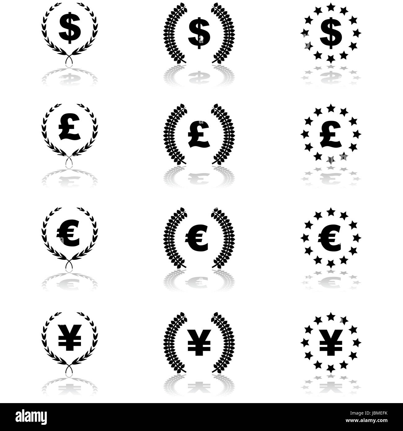 Il set di icone che mostrano i diversi simboli di valuta disposti con gli altri elementi del design Foto Stock