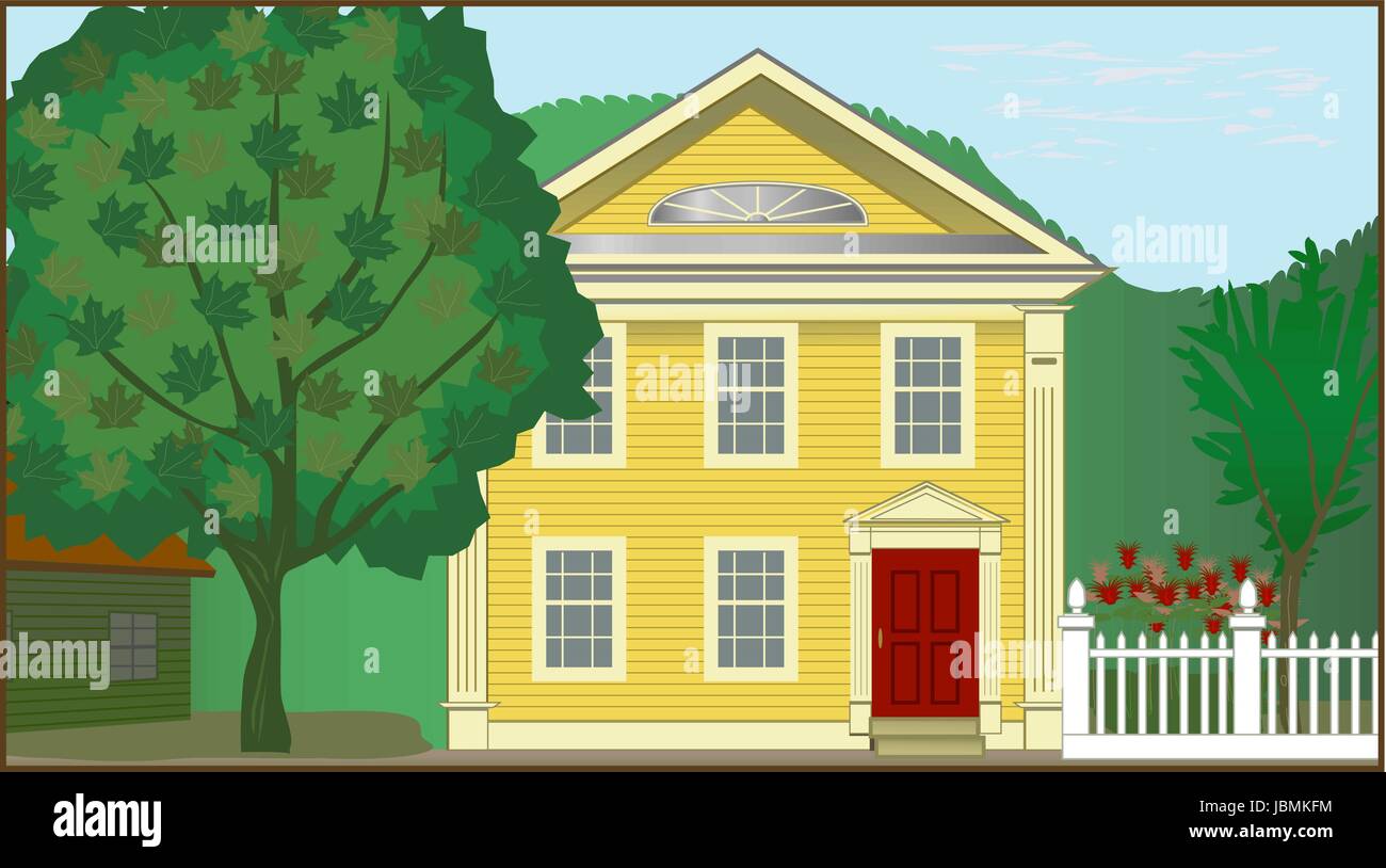 Casa coloniale-illustrazione dettagliata della casa coloniale del 1700 in un ambiente rurale Illustrazione Vettoriale