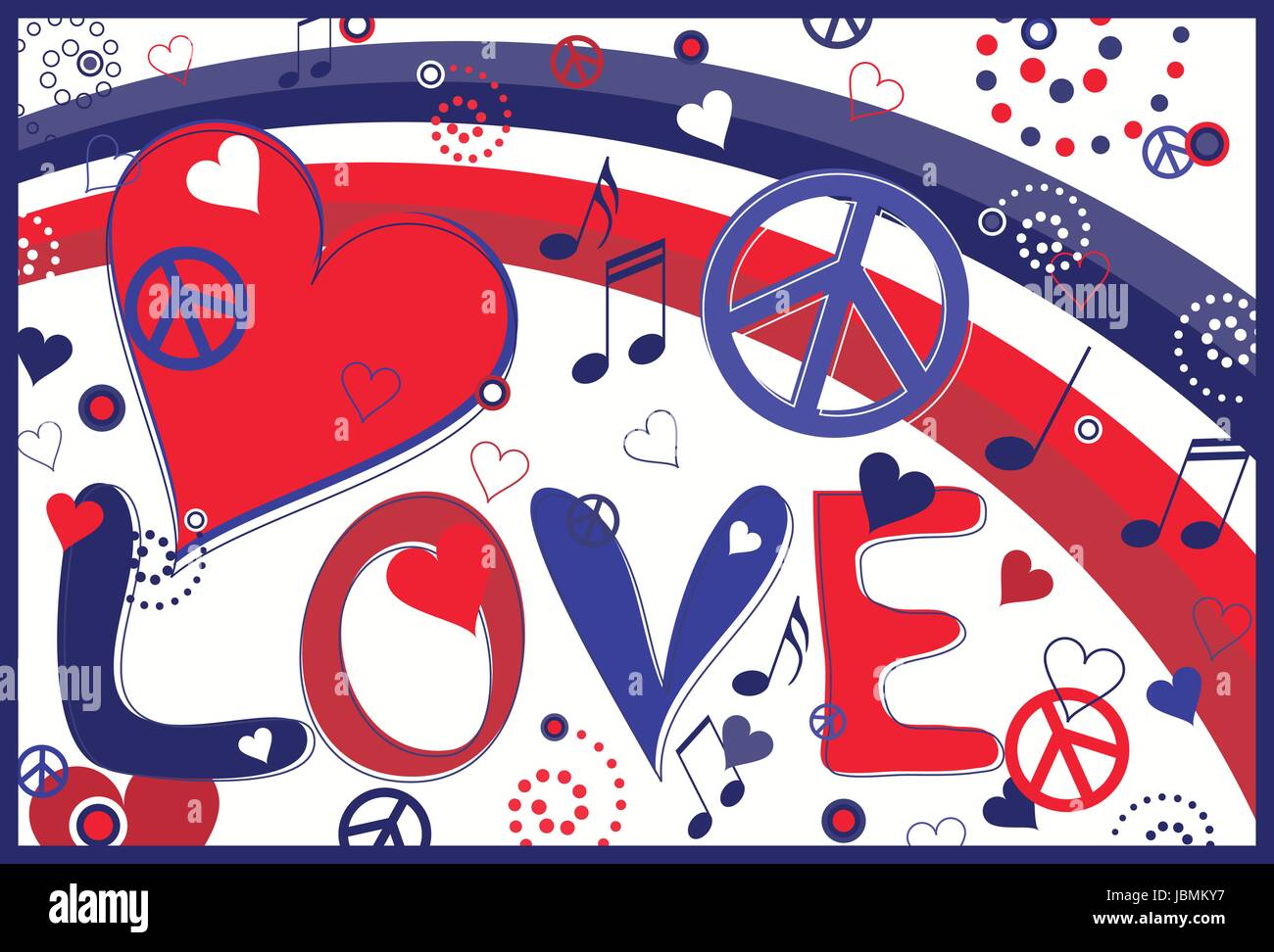 Amare la pace e cuori - concetto astratto collage di cuori, segni di pace e arcobaleno e il testo di amore Illustrazione Vettoriale