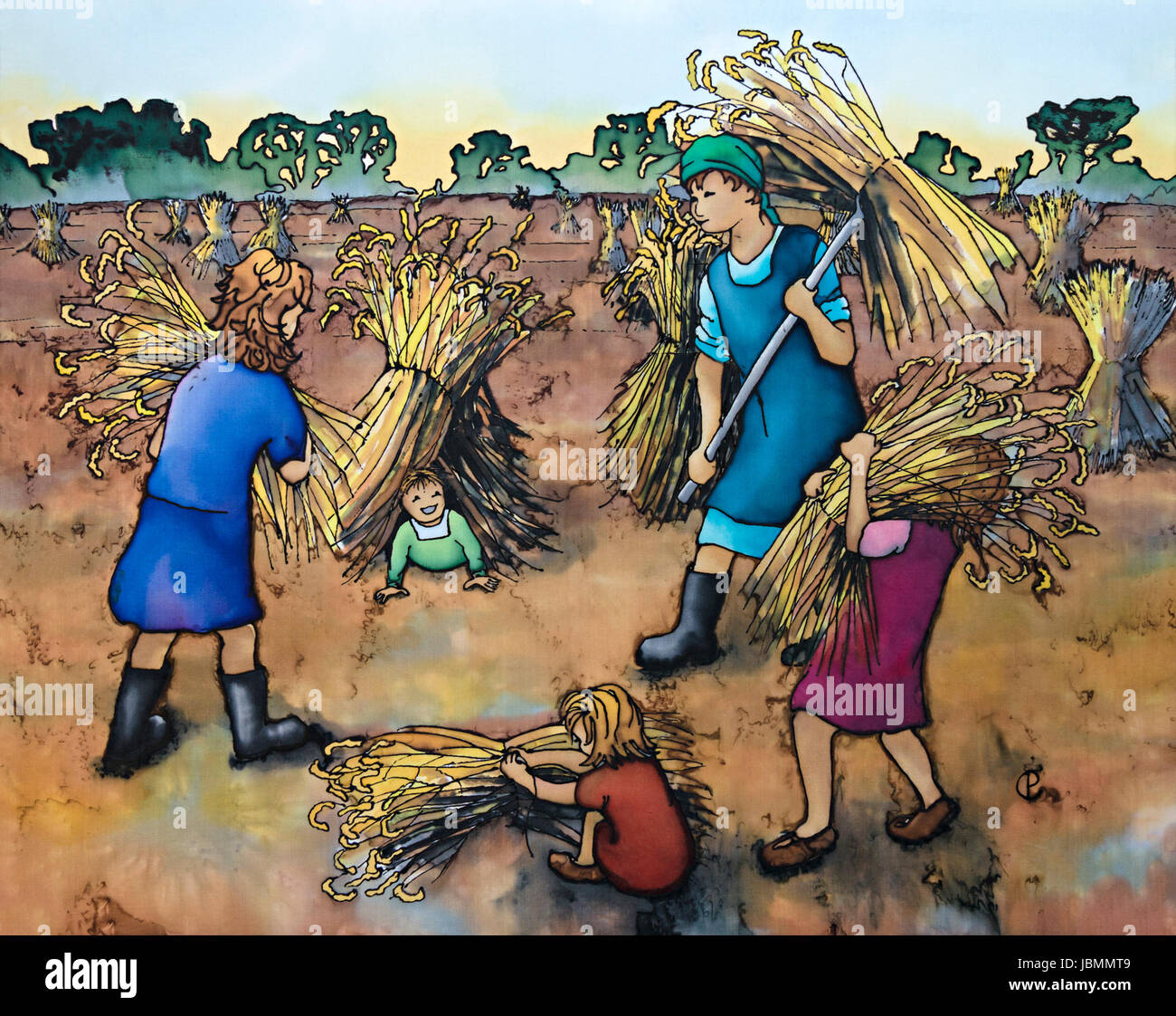 Fotografia di seta dipinto della scena vintage dei bambini stooking covoni di grano in campo, utilizzando vapore tinture fissate da Paula Chapman. Foto Stock