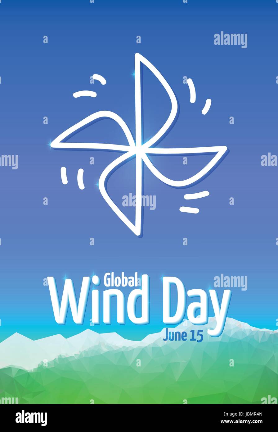 Global Wind Day 2017, Giugno 15. Poster con la girandola, simbolo dell'industria eolica. Sketchy vettore scheda verticale, montagna sfondo astratto Illustrazione Vettoriale