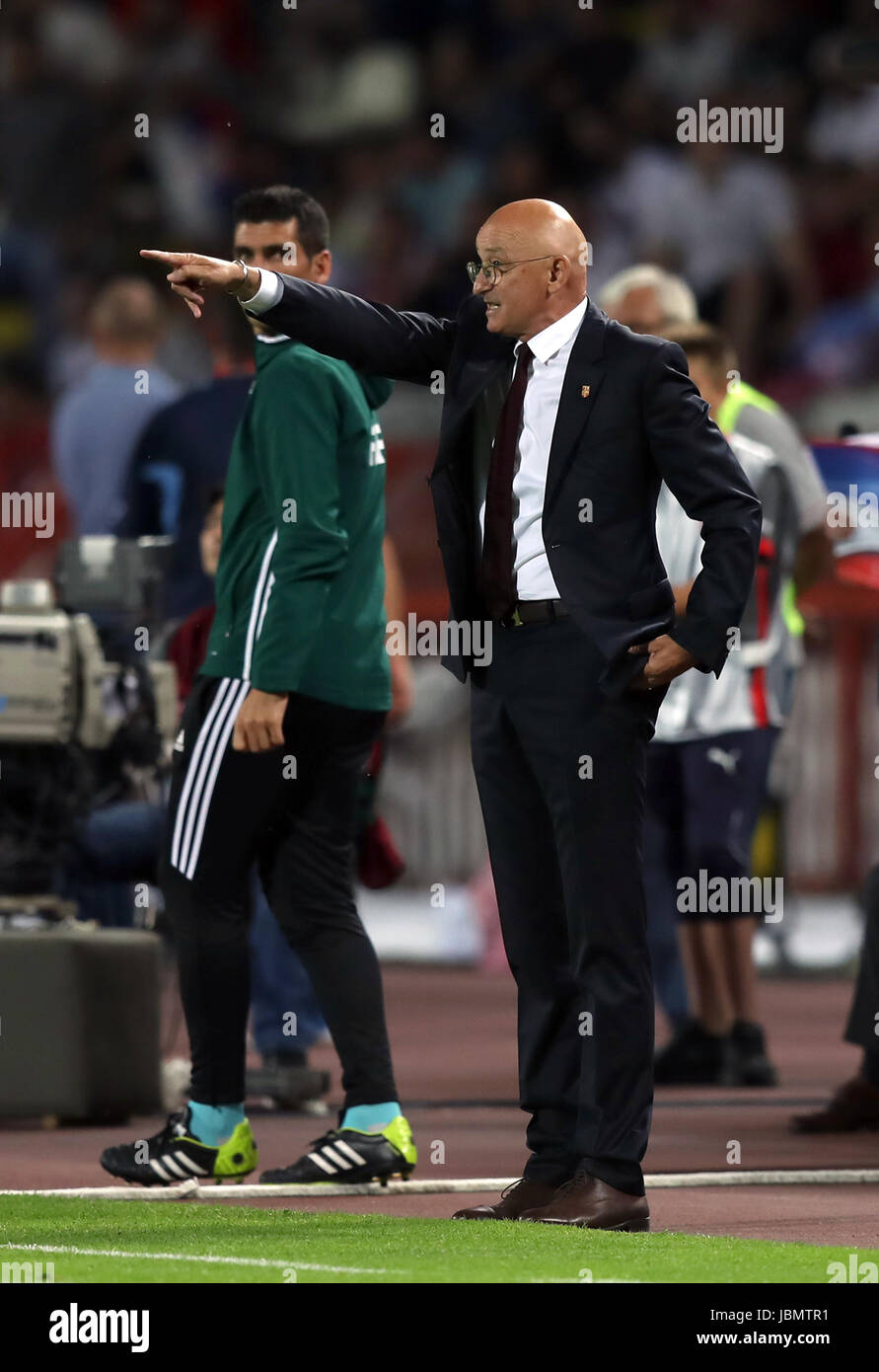 La Serbia manager Slavoljub mussola i gesti sul perimetro durante il 2018 FIFA World Cup qualifica, Gruppo D corrisponde all'Rajko Mitic Stadium, Belgrado. Foto Stock