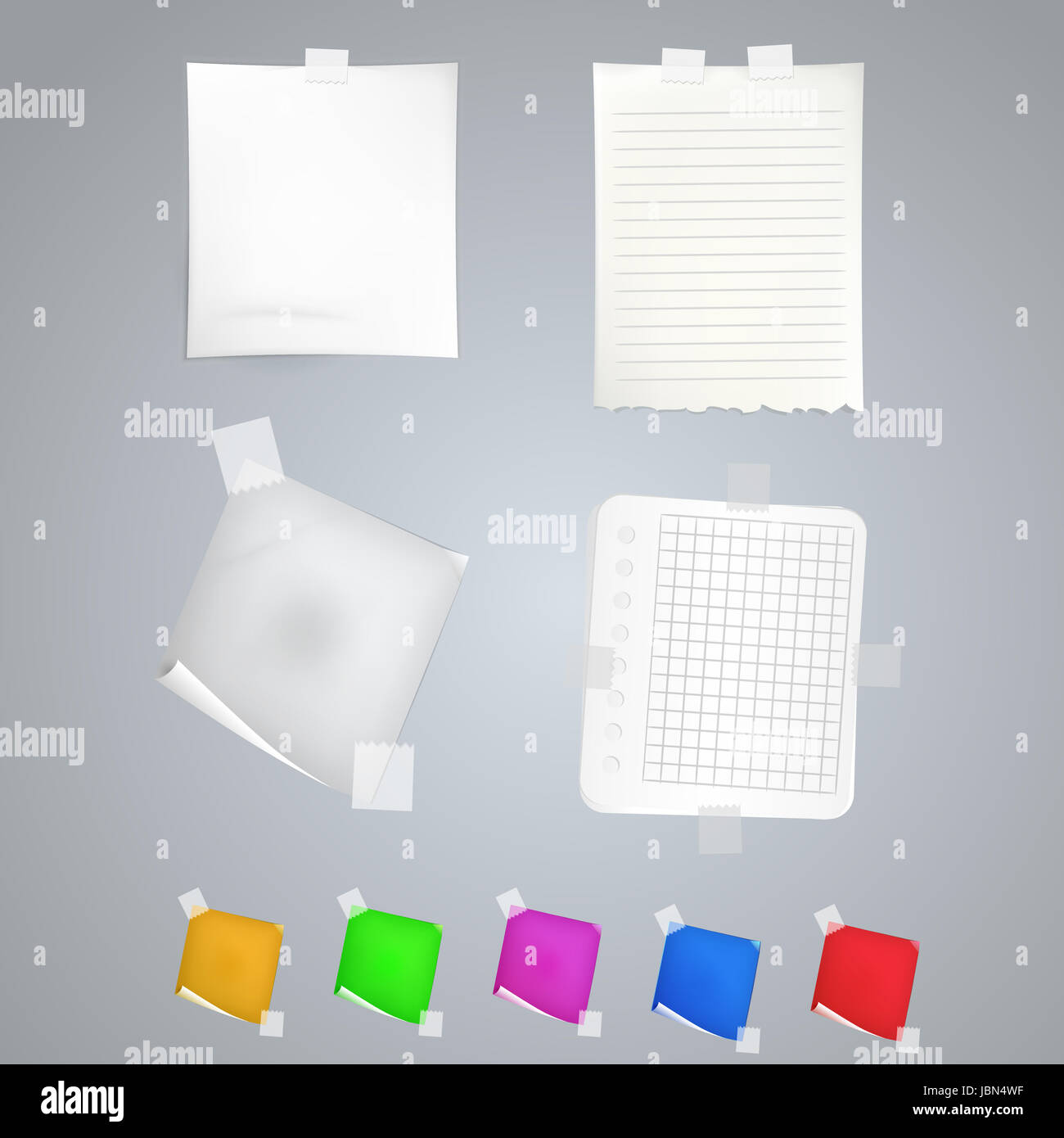 Cinque colorate e quattro bianchi fogli vuoti. Foto Stock
