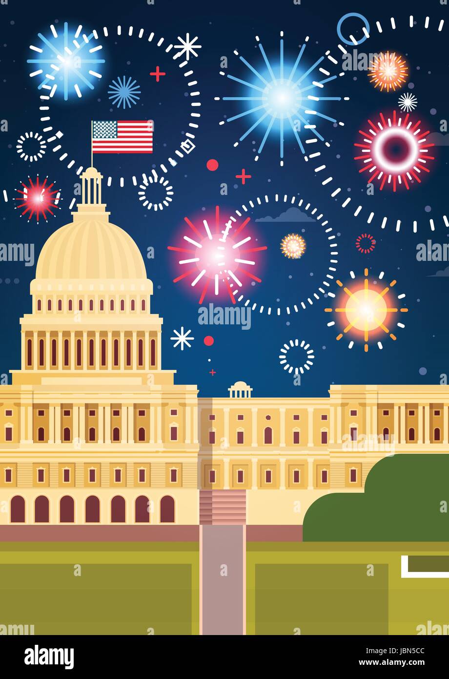Fuochi d'artificio sopra la Casa Bianca, Stati Uniti il giorno di indipendenza Holiday 4 luglio del concetto Illustrazione Vettoriale