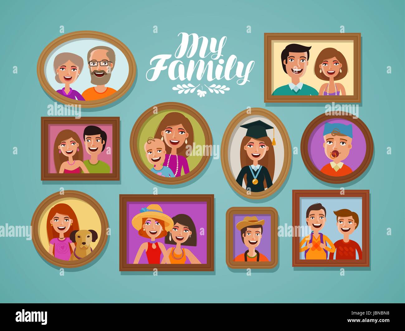 Foto di famiglia in frame. Le persone, i genitori e i bambini del concetto. Fumetto illustrazione vettoriale Illustrazione Vettoriale