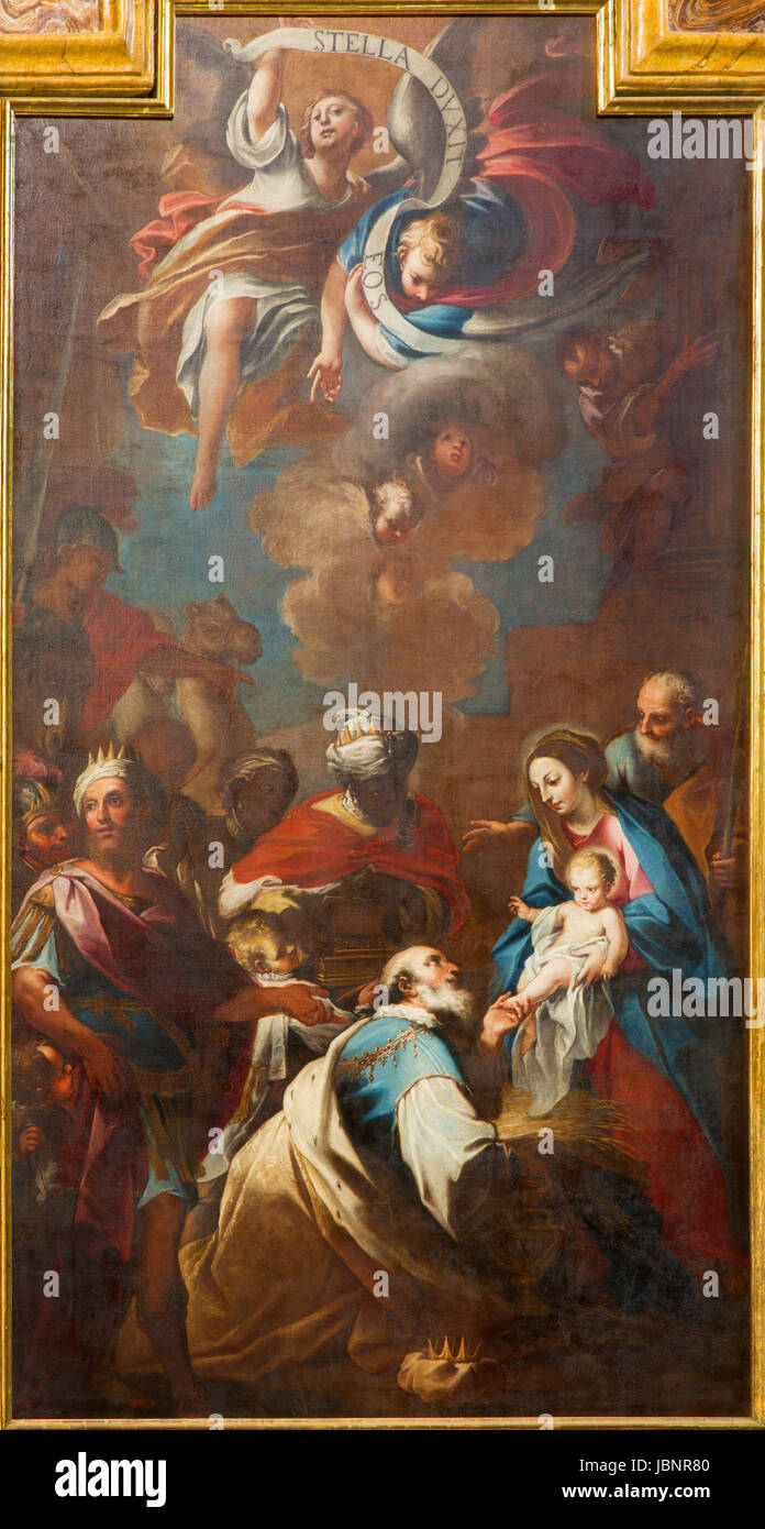 Torino, Italia - 13 Marzo 2017: La pittura dei tre Re Magi nella Chiesa di Santa Teresa di G. Battista Mari da 17. cento. Foto Stock