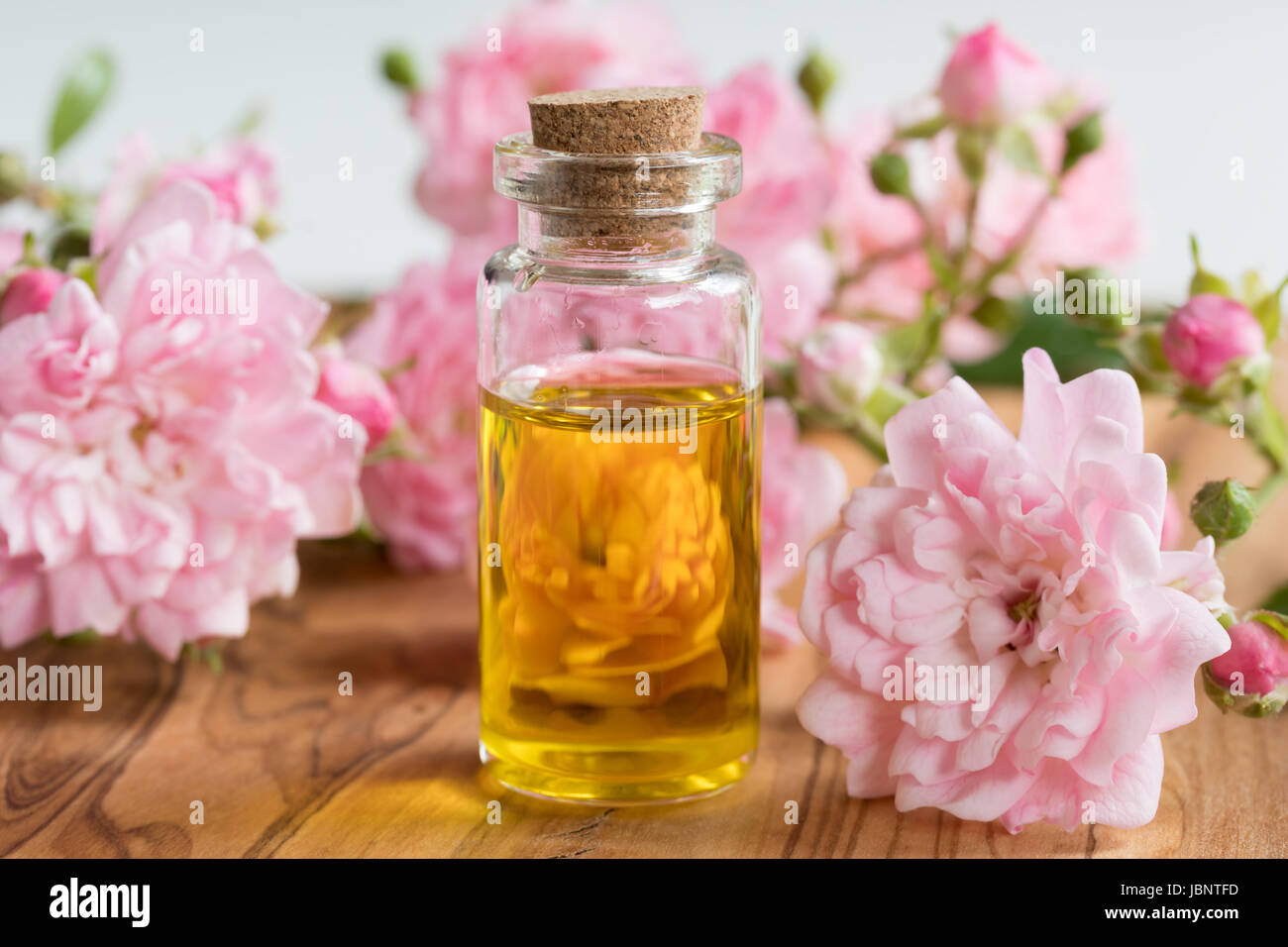 Una bottiglia di rosa olio essenziale con piccoli fiori rosa su un sfondo di legno Foto Stock