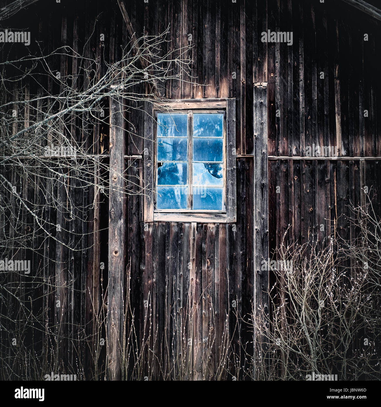 Il vecchio e abbandonato mulino con pareti in legno e finestra Foto Stock