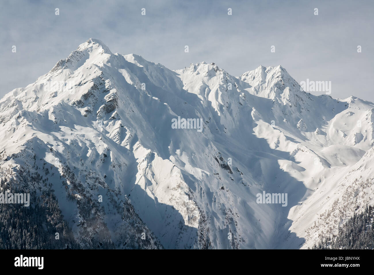 Paesaggio invernale foto e close-up immagine di un Titanic Himalayan mountain range durante la stagione invernale con il bianco delle montagne coperte di neve e foreste di conifere Foto Stock