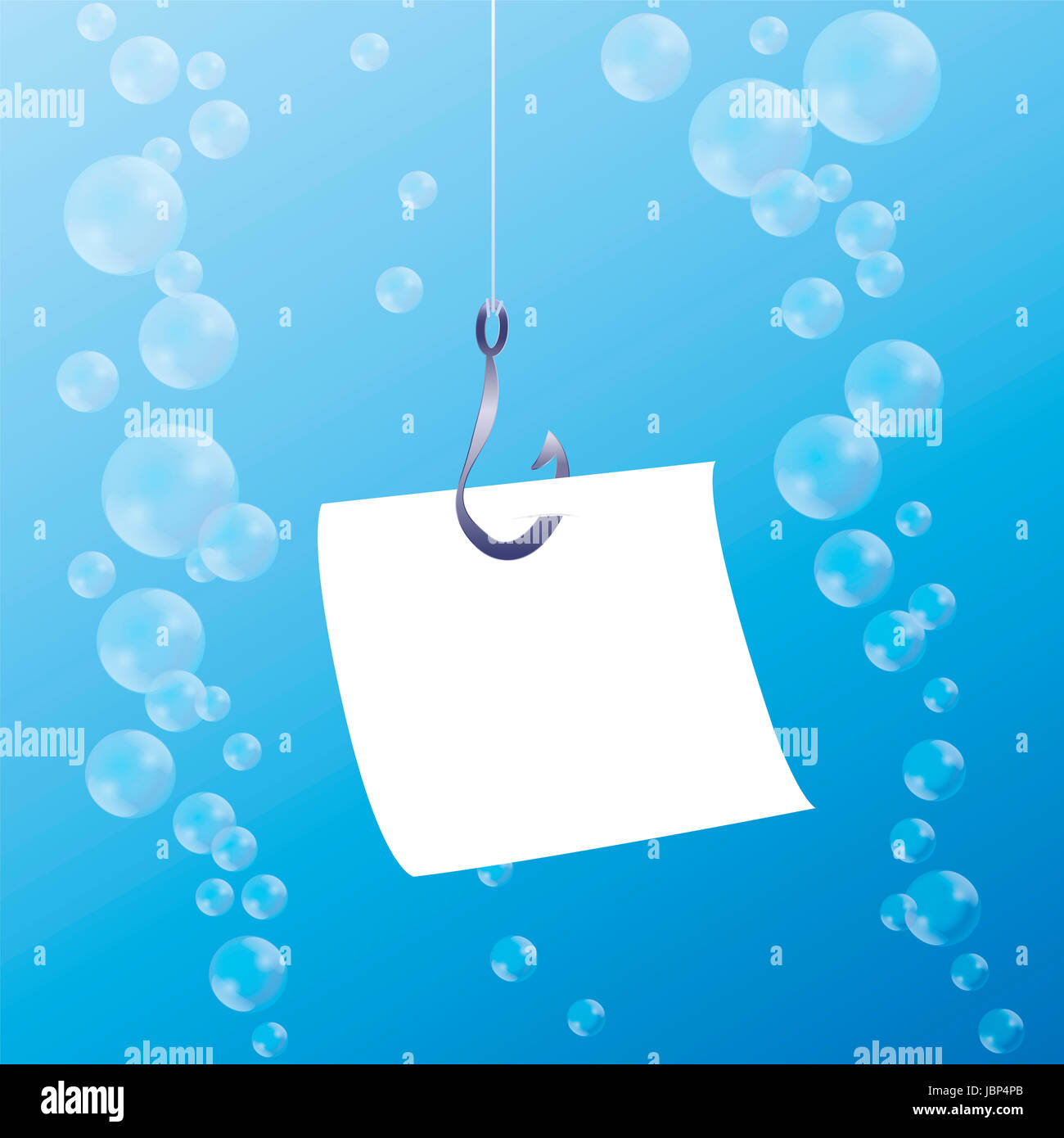 Gancio di pesce con un messaggio vuoto nota appeso sotto l'acqua. fumetto illustrazione su sfondo bianco. Foto Stock