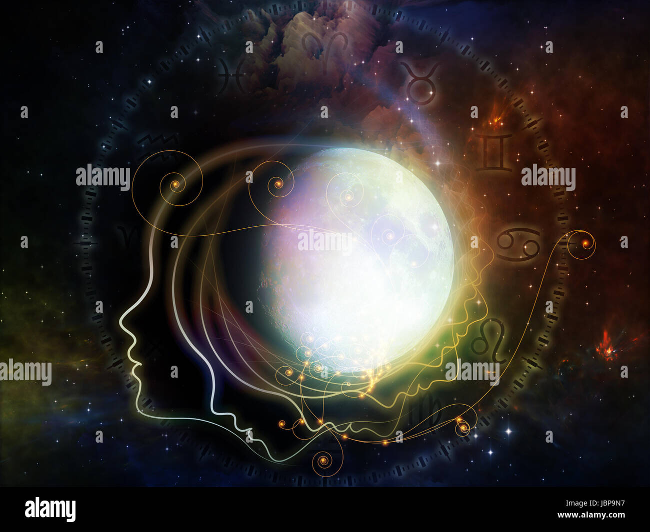 Luna interna serie. Sfondo di luna, profilo umano e simboli astrologici sul tema del mondo dello spirito, di sogni e di immaginazione, astrologia e la mente Foto Stock