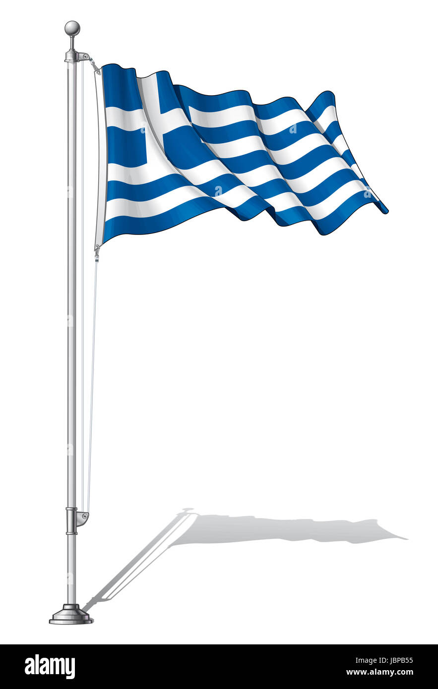 Illustrazione vettoriale di una sventola bandiera greca fissare su un palo di bandiera. Bandiera e la pole in strati separati, linea tecnica di ombreggiatura e colore ordinatamente in gruppi per facilitare le operazioni di editing. Foto Stock