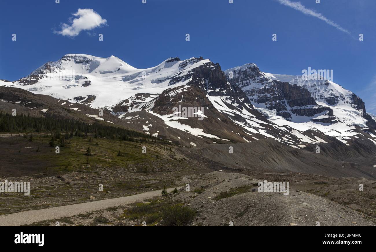 Athabasca e Andromeda Mountain Peaks, Columbia Icefield Landscape. Jasper Banff National Parks Boundary, Canadian Rocky Mountains, Alberta Foto Stock