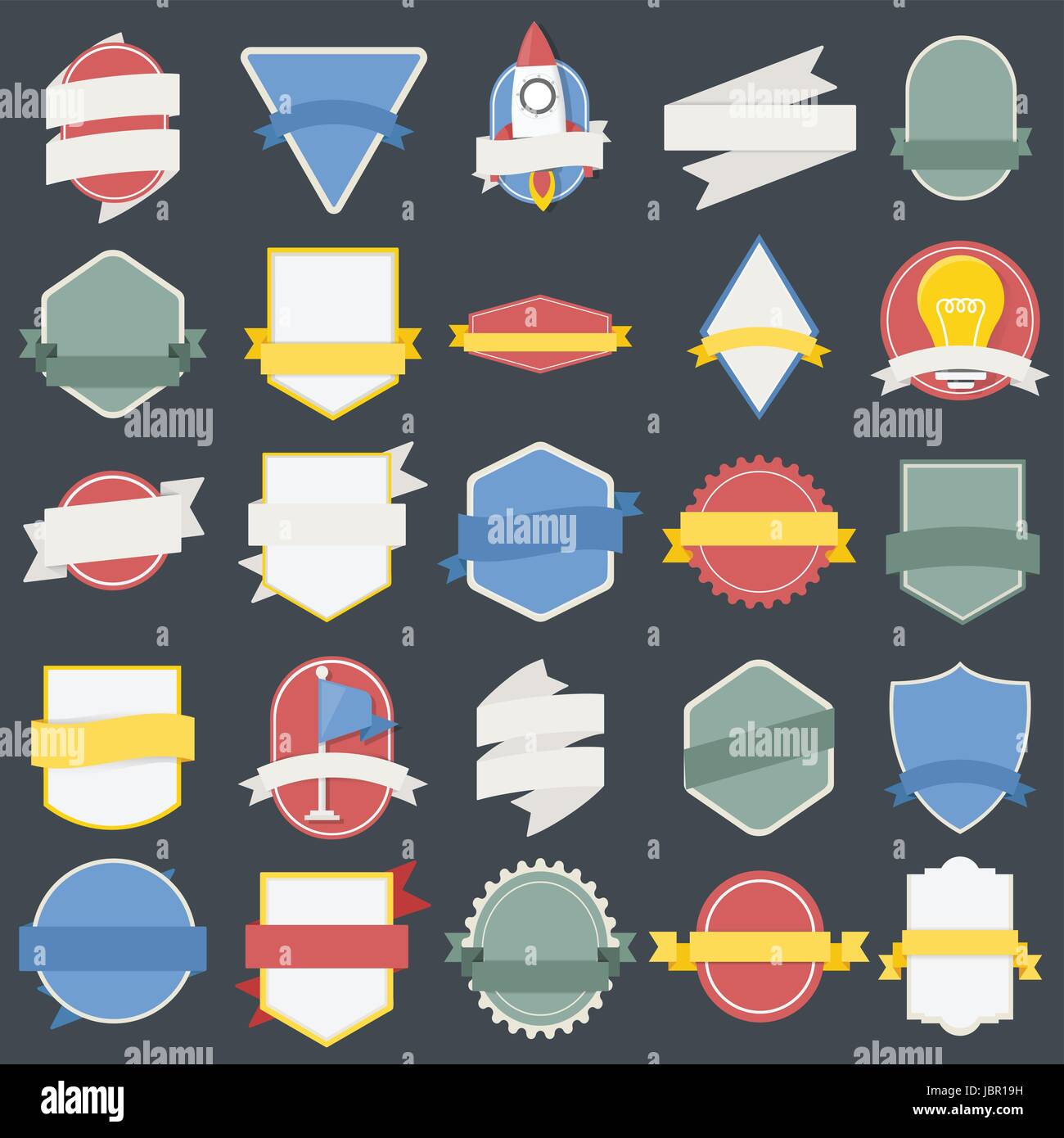 Set misto di lampadine astronave badge bandiera emblema, marchio icona Illustrazione Vettore Illustrazione Vettoriale