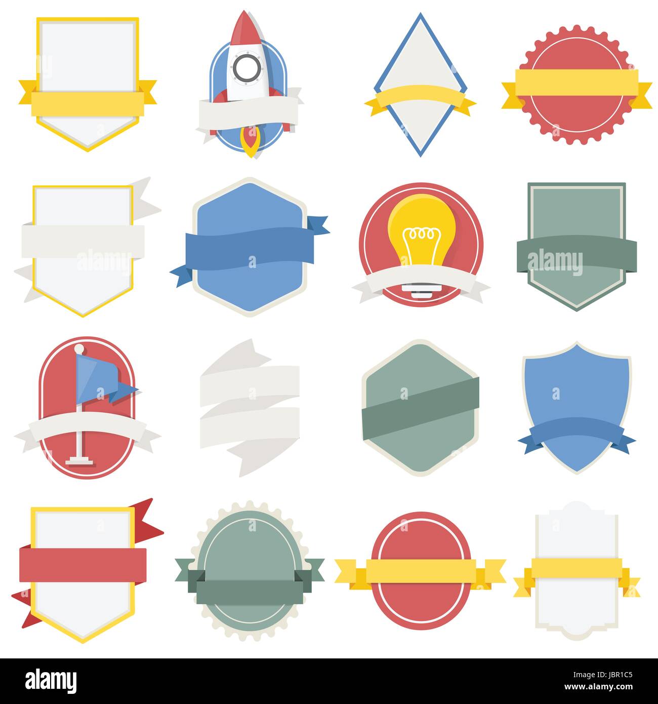 Set misto di lampadine astronave badge bandiera emblema, marchio icona Illustrazione Vettore Illustrazione Vettoriale