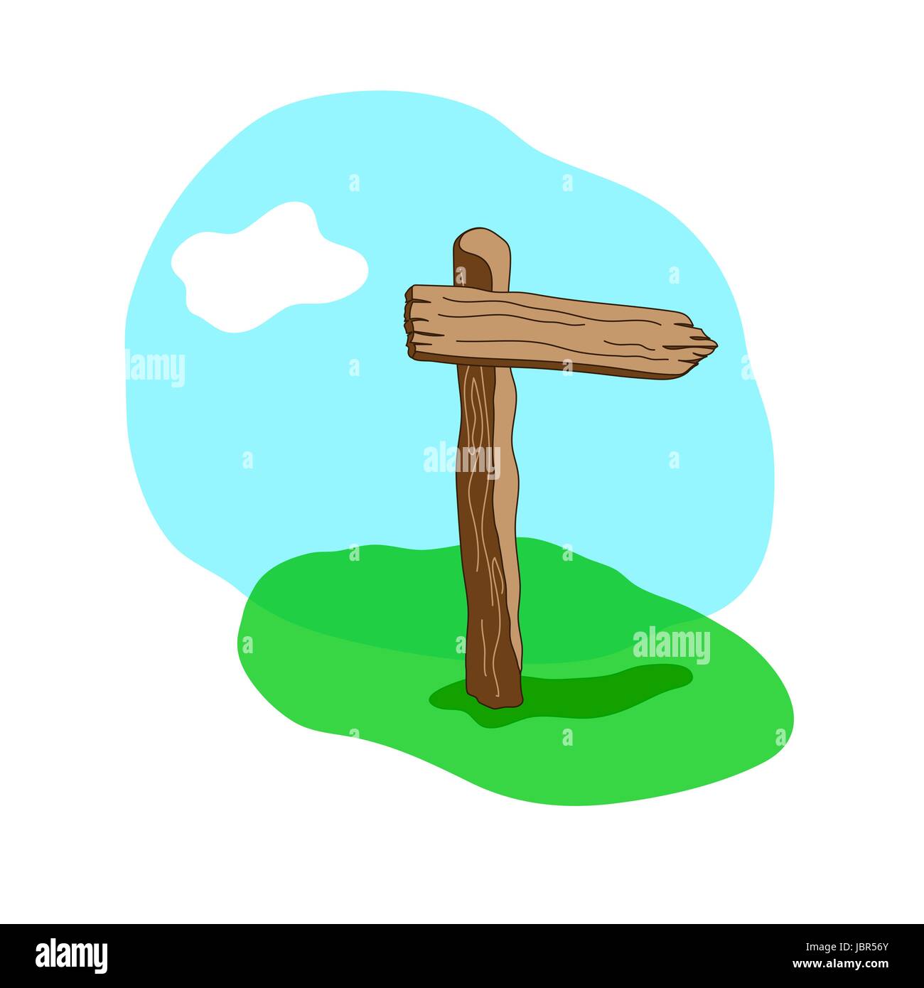 Stile Cartoon vettore freccia di legno di forma segno bianco in piedi in erba. Illustrazione Vettoriale