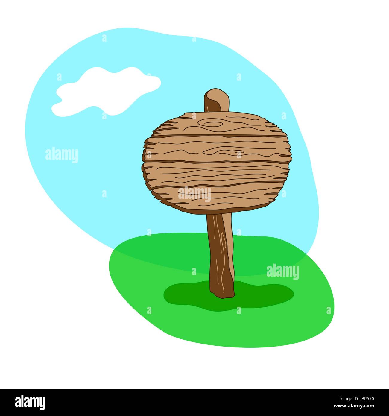 Round stile cartoon vector cartello in legno in piedi in erba. Illustrazione Vettoriale