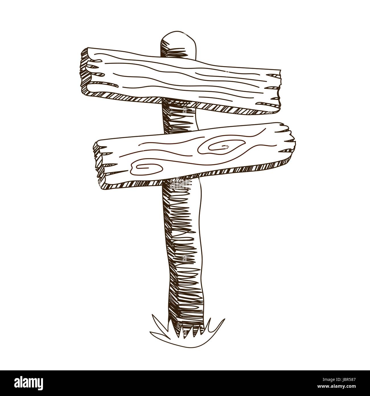 Due forme di freccia di legno vergine segno bordo per il messaggio. Schizzo di stile disegnati a mano vector cartello stradale. Illustrazione Vettoriale