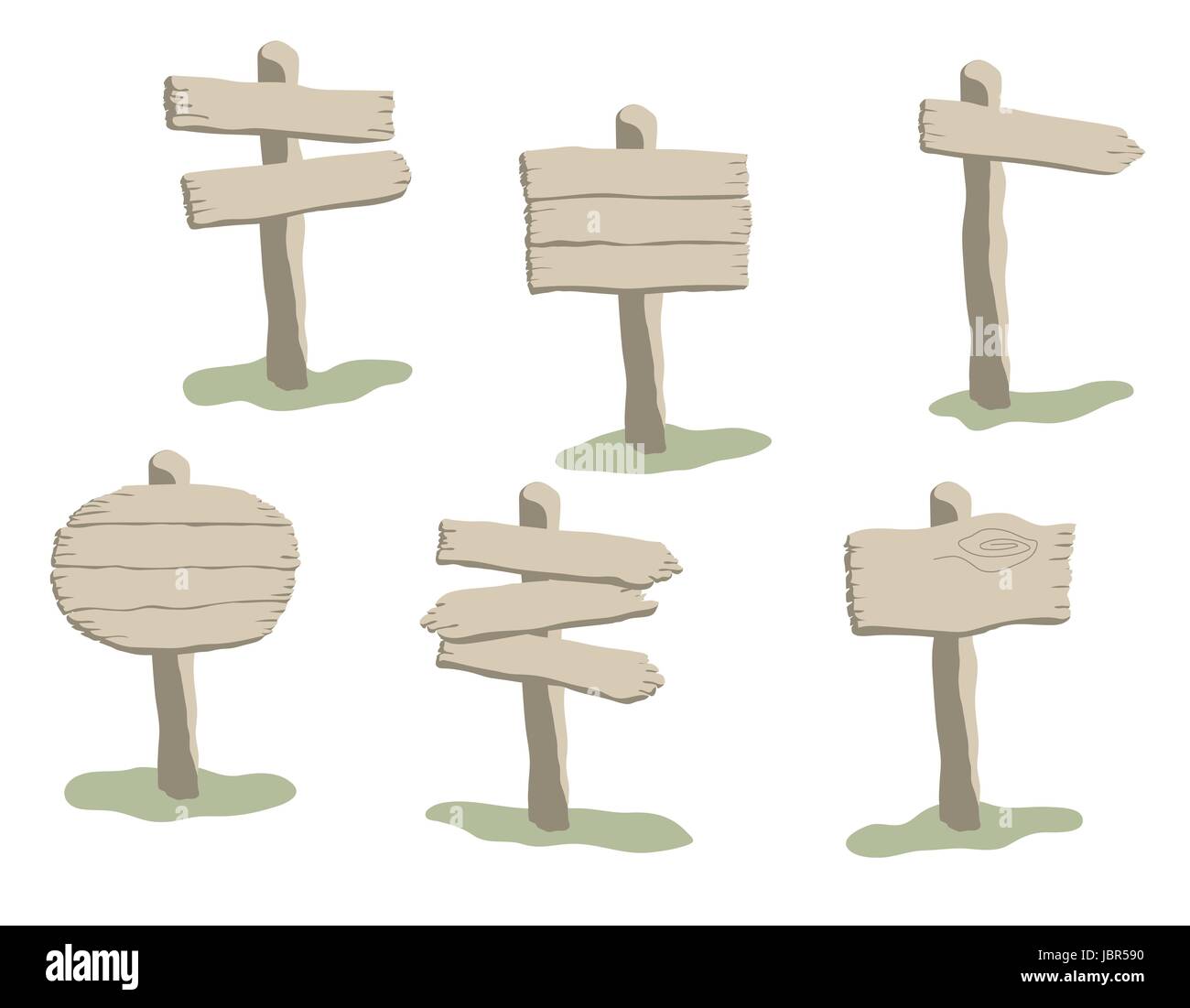 Set di stile cartoon vector weathered cartello in legno. Round, freccia e forme quadrate di legno vergine raccolta di orientamento Illustrazione Vettoriale