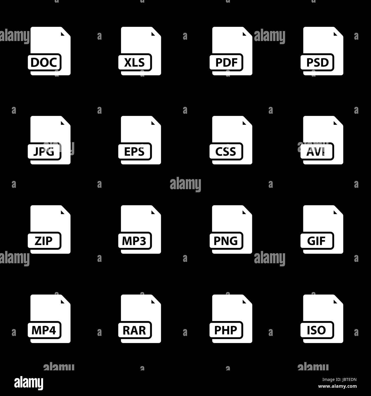 Vector bianco tipo file set di icone su sfondo nero Illustrazione Vettoriale