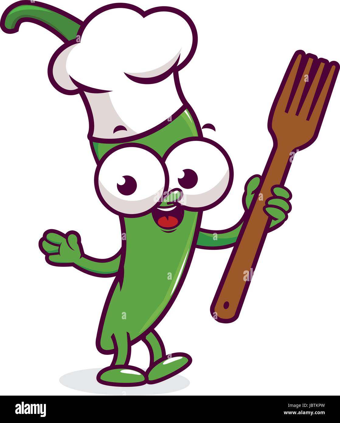 Chef di peperoncino cartoni animati con una forchetta da cucina. Verdure speziate, una mascotte di peperone jalapeno verde. Illustrazione vettoriale Illustrazione Vettoriale