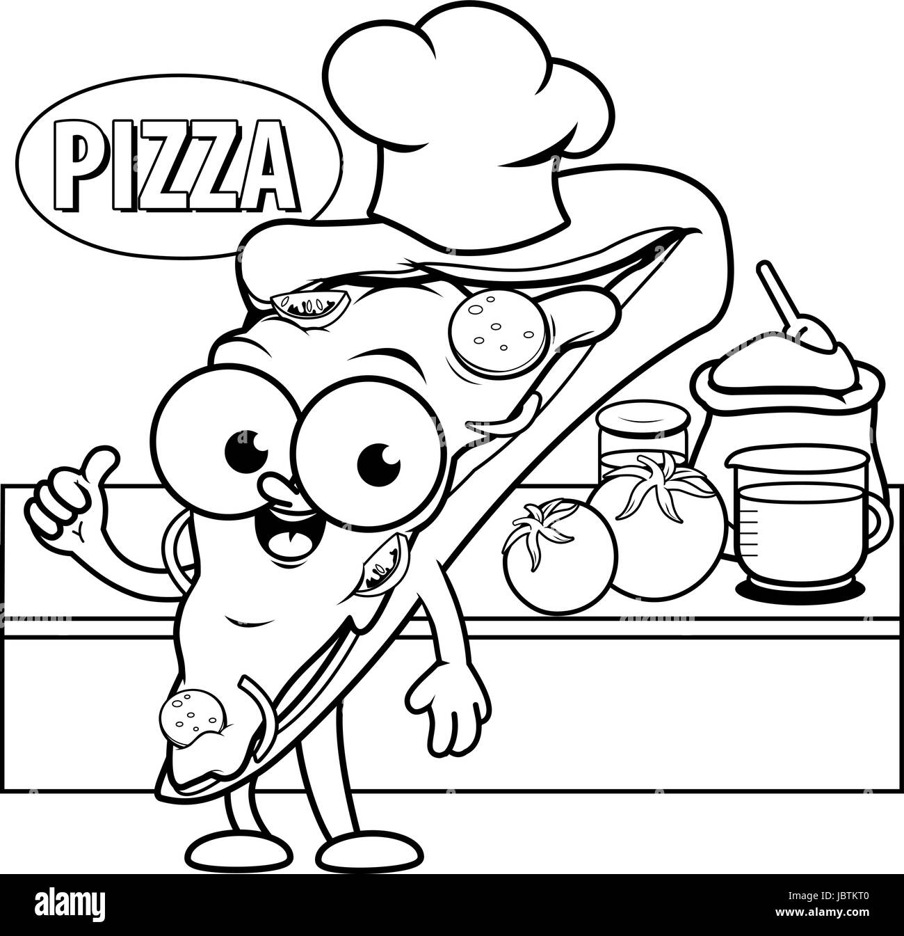 Cartoon pizza chef in cucina. Pagina di colorazione Illustrazione Vettoriale