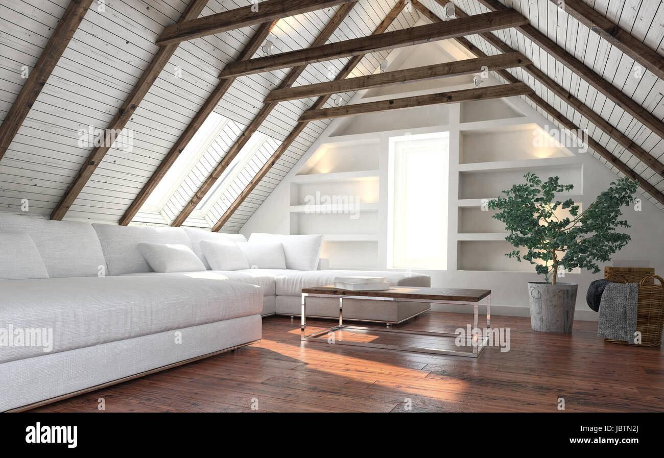 Attico soggiorno concetto con grande divano bianco e vasi di piante ... Vasi design per interni