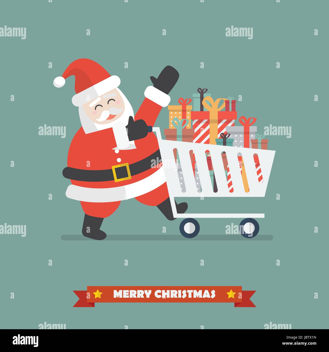 Santa Claus spingere un carrello della spesa con pile di regali. Illustrazione Vettoriale Illustrazione Vettoriale