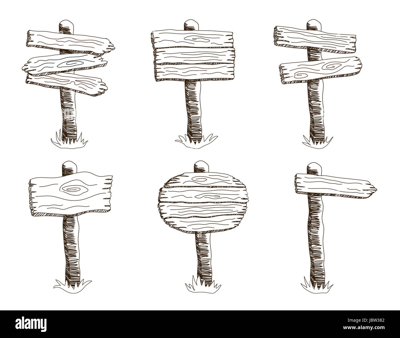 Set di disegno vettoriale stile cartello in legno in piedi in erba. Disegnata a mano round, freccia e forme quadrate di legno vergine raccolta di orientamento Illustrazione Vettoriale