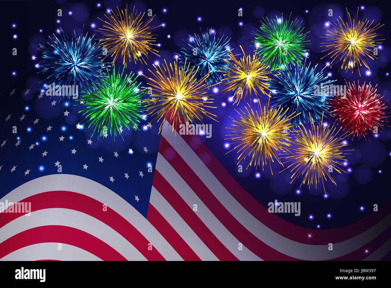 Giorno di indipendenza il 4 luglio vacanze sfondo vettoriale con bandiera americana e celebration Sparkling fuochi d'artificio. Illustrazione Vettoriale
