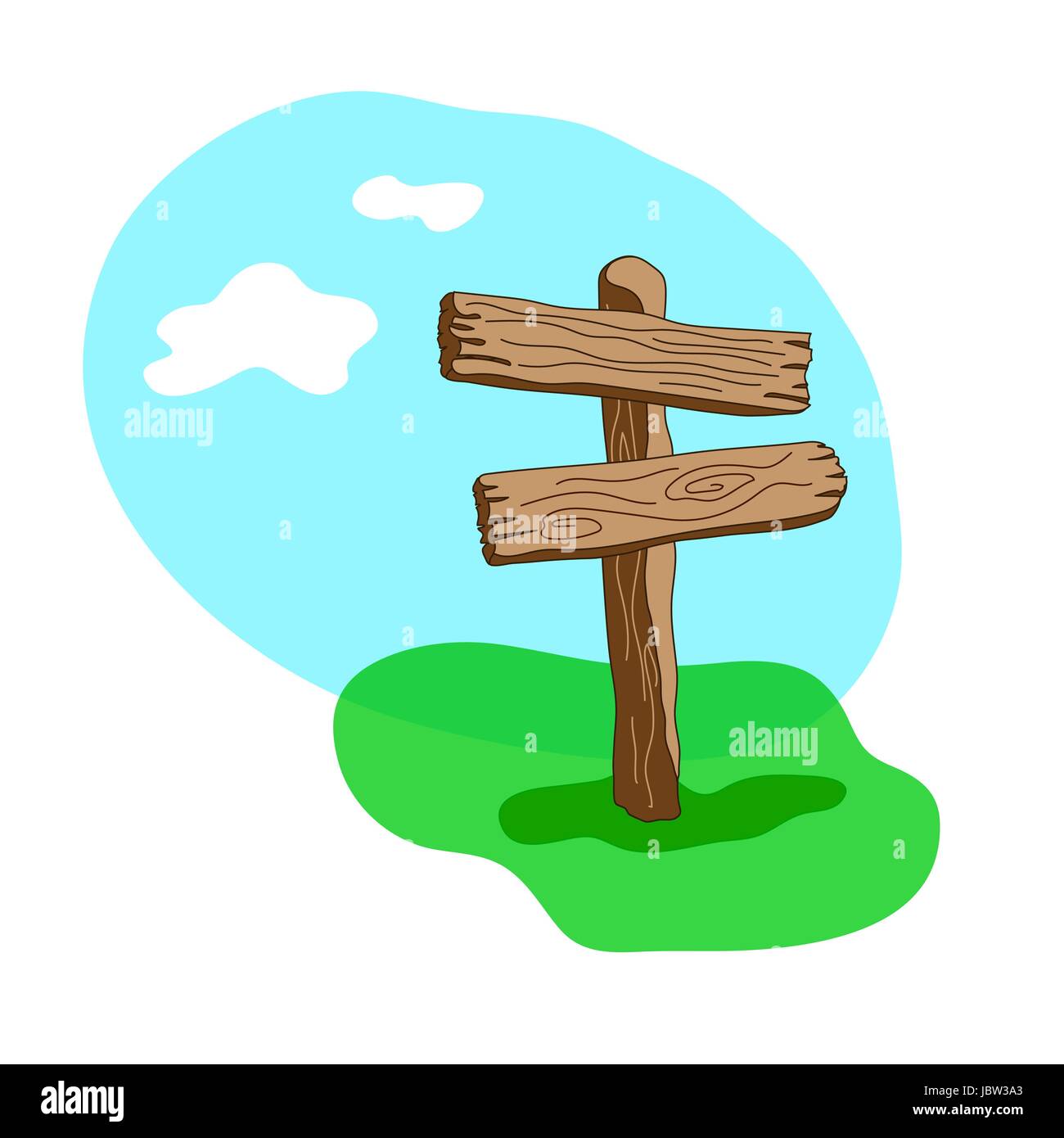 Stile Cartoon vector cartello in legno in piedi in erba. Due forme di freccia di orientamento per vuoto Illustrazione Vettoriale
