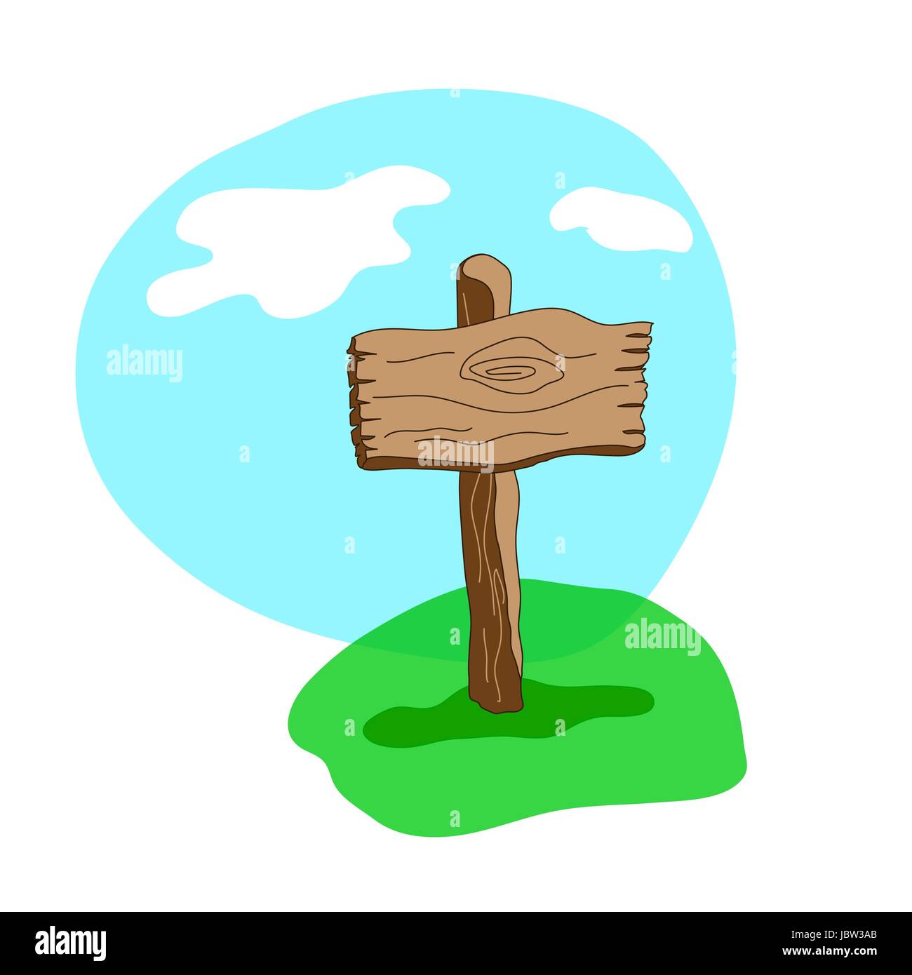 Stile Cartoon vettore forma quadrata cartello in legno in piedi in erba sul cielo blu sullo sfondo. Illustrazione Vettoriale