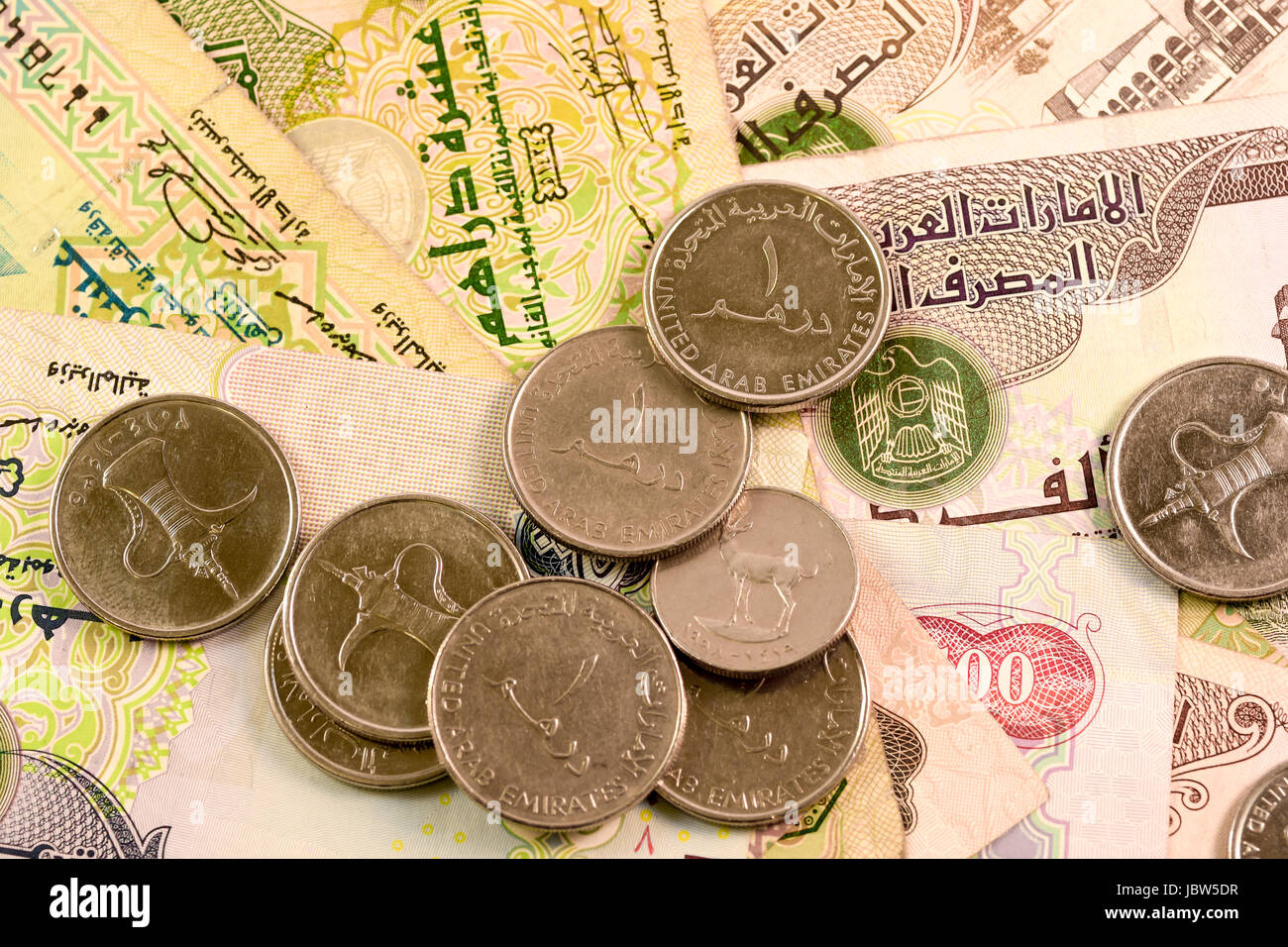 Close up Dirhams nota di valuta e di monete, AED Emirati Arabi Uniti Foto Stock