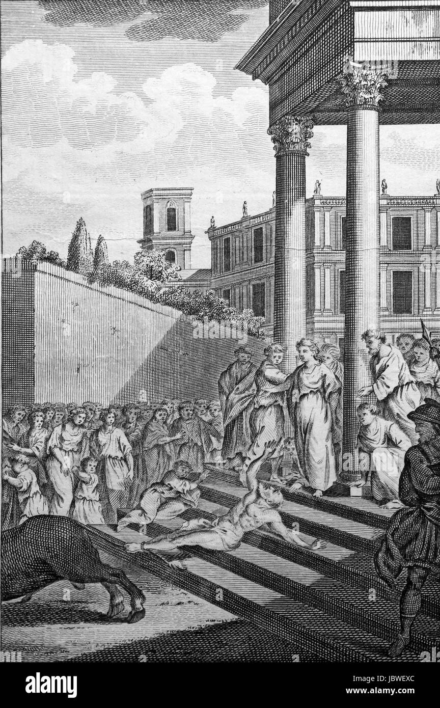 Saturnino, Vescovo di Tolosa, fissato alla coda di un toro e trascinato verso il basso le fasi del tempio da cui il suo cervello erano fracassato, c 257 D.C. Foto Stock