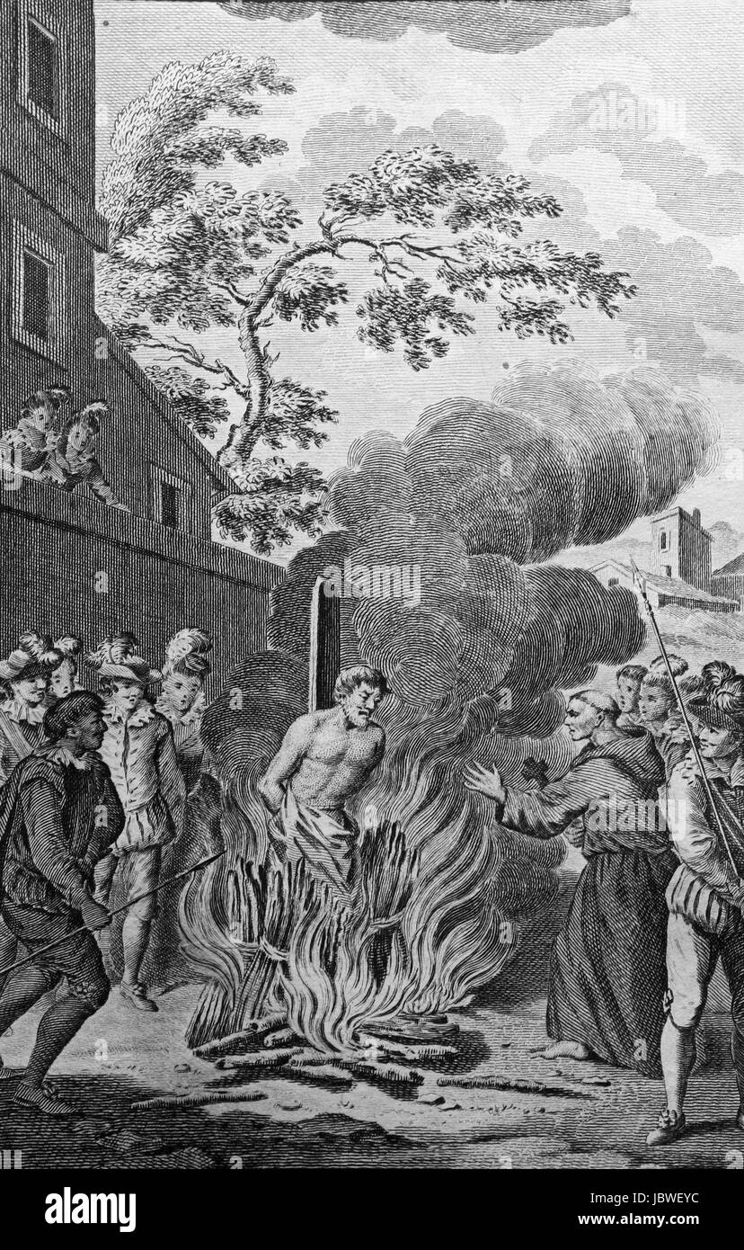 Rochus, intagliatore di San Lucar in Spagna, bruciato sul rogo per ordine dell'Inquisizione per rovinare l'immagine della Vergine Maria. Incisione da c 1780 Foto Stock