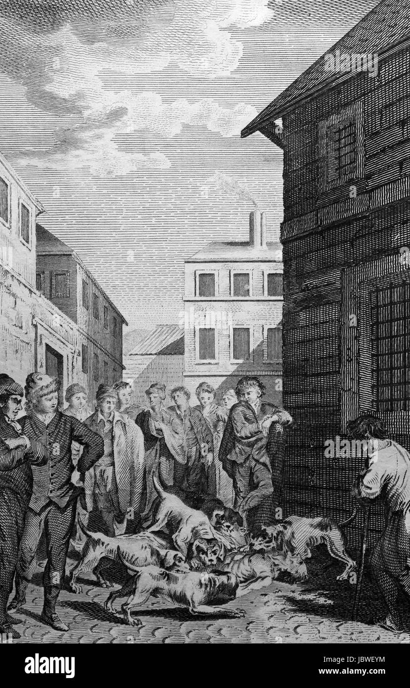 Bustia Cypriania un Piemontesi dopo essere morti di fame, preso dalla sua prigione e buttato per i cani per essere divorati. Incisione da c 1780 editio Foto Stock