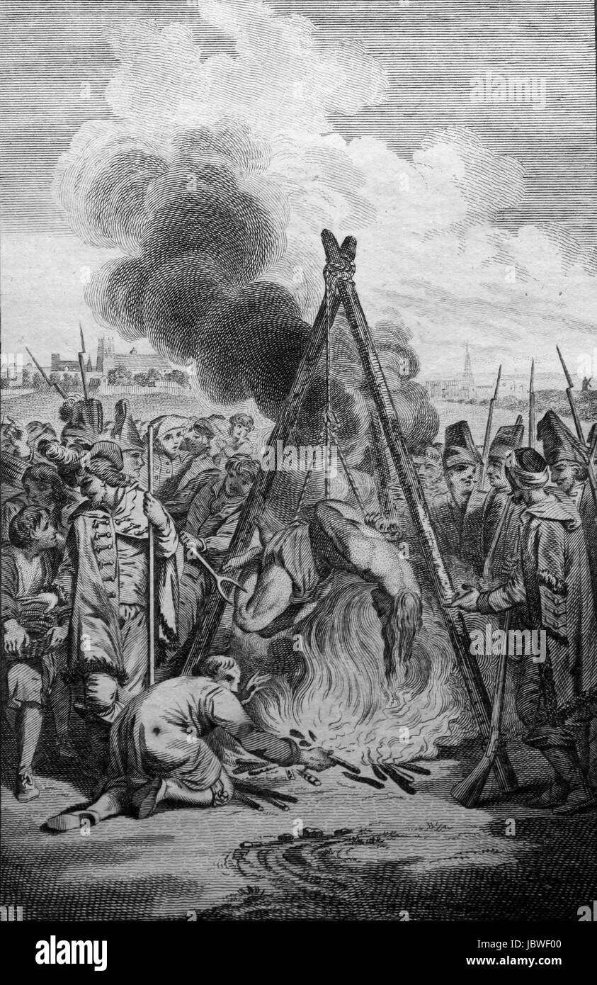 Adrian Chalinsky un pastore protestante arrostito vivo dal fuoco lento nel Gran Ducato di Lituania; incisione da c 1780 edizione del nuovo libro di M Foto Stock