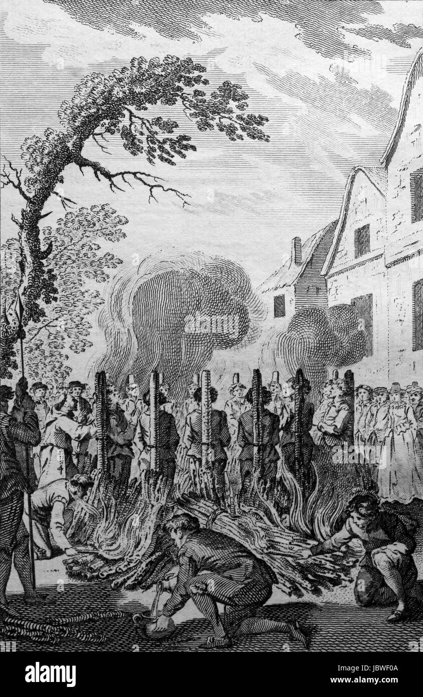 Tredici martiri protestanti bruciati insieme a Stratford Essex. Incisione da c 1780 edizione del nuovo libro di martiri da Rev Dr Henry Southwell lld Foto Stock