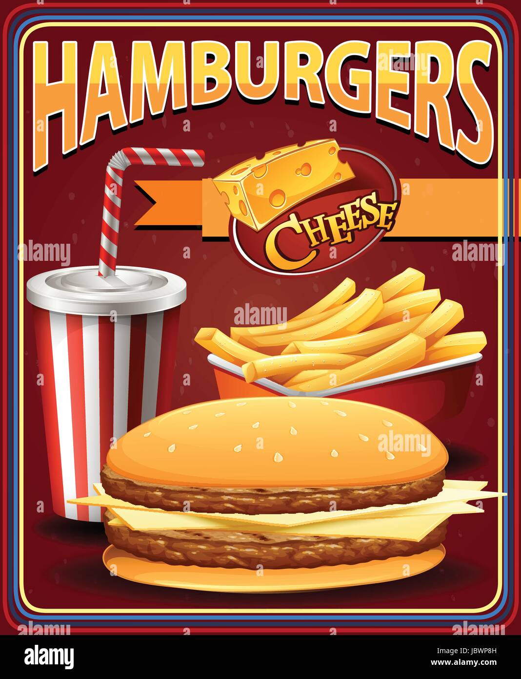 Progettazione poster per hamburger e patatine fritte illustrazione Illustrazione Vettoriale