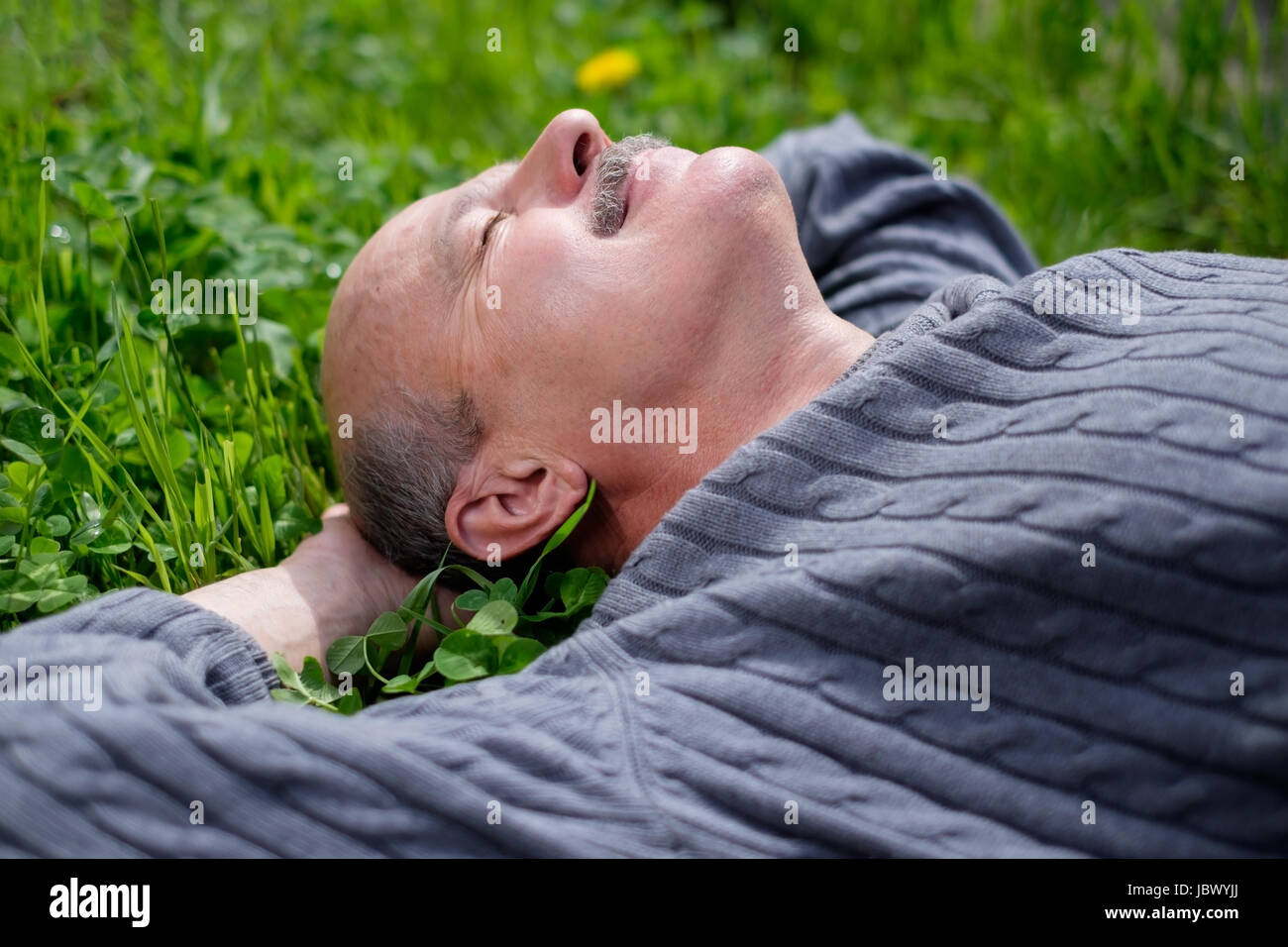 Coppia felice uomo disteso sul prato verde. Egli detiene foglia di cipolla in bocca e chiude gli occhi. In appoggio sulla natura Foto Stock